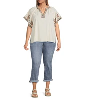 Democracy Plus Size Floral Embroidered Ruffle Split V-Neck Short Batwing Sleeve Top