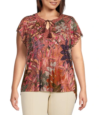 Democracy Plus Size Floral Print Knit Braided Split V-Neck Short Flutter Sleeve Top