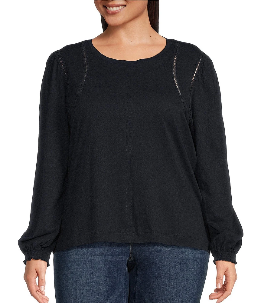 Democracy Plus Size Knit Crew Neck Long Sleeve Crochet Fagoting Detail Top