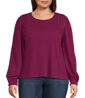 Democracy Plus Size Knit Crew Neck Long Sleeve Crochet Fagoting Detail Top