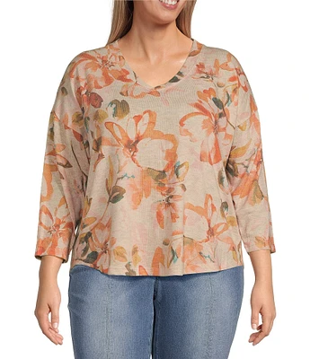 Democracy Plus Size Knit Floral V-Neck 3/4 Sleeve Shirttail Hem Top