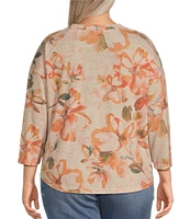 Democracy Plus Size Knit Floral V-Neck 3/4 Sleeve Shirttail Hem Top