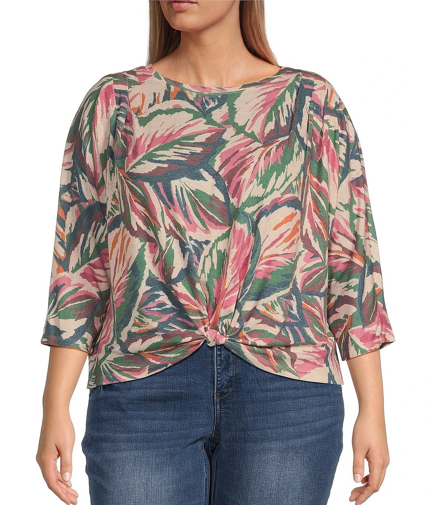 Democracy Plus Size Knit Leaf Print Crew Neck 3/4 Sleeve Front Knot Hem Top