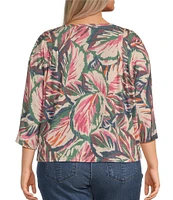 Democracy Plus Size Knit Leaf Print Crew Neck 3/4 Sleeve Front Knot Hem Top