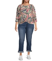 Democracy Plus Size Knit Leaf Print Crew Neck 3/4 Sleeve Front Knot Hem Top