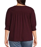 Democracy Plus Size Knit Scalloped V-Neck Elbow Blouson Sleeve Smocked Detail Top