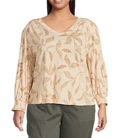 Democracy Plus Size Knit Tropical Palm Print Shell Tuck Embroidered V-Neck Smocked Detail 3/4 Sleeve Top