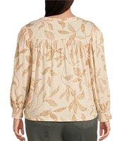Democracy Plus Size Knit Tropical Palm Print Shell Tuck Embroidered V-Neck Smocked Detail 3/4 Sleeve Top