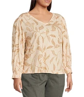 Democracy Plus Size Knit Tropical Palm Print Shell Tuck Embroidered V-Neck Smocked Detail 3/4 Sleeve Top