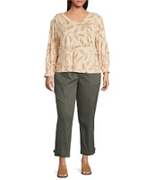Democracy Plus Size Knit Tropical Palm Print Shell Tuck Embroidered V-Neck Smocked Detail 3/4 Sleeve Top
