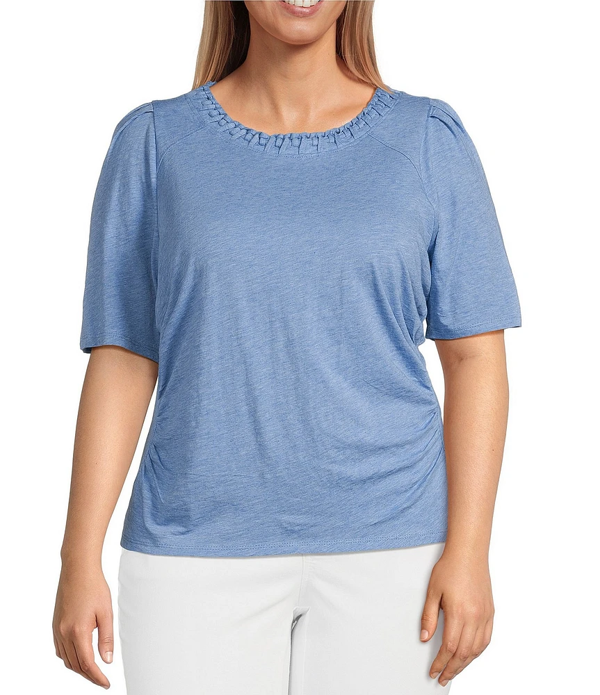 Democracy Plus Size Knit Soutache Embroidered Scoop Neck Elbow Sleeve Side Ruched Top