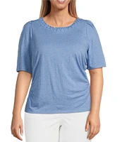 Democracy Plus Size Knit Soutache Embroidered Scoop Neck Elbow Sleeve Side Ruched Top