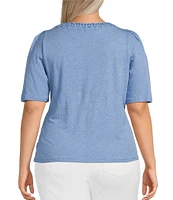 Democracy Plus Size Knit Soutache Embroidered Scoop Neck Elbow Sleeve Side Ruched Top