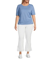 Democracy Plus Size Knit Soutache Embroidered Scoop Neck Elbow Sleeve Side Ruched Top