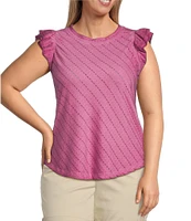 Democracy Plus Size Mineral Wash Knit Round Neck Double Ruffle Cap Sleeve Top