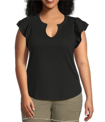 Democracy Plus Size Mix-Media Split V-Neck Cap Sleeve Shirttail Hem Knit Top