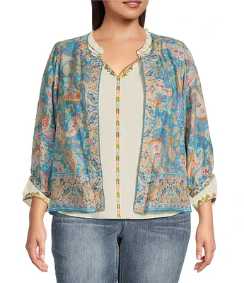 Democracy Plus Size Paisley Print 3/4 Sleeve Reversible Open-Front Jacket