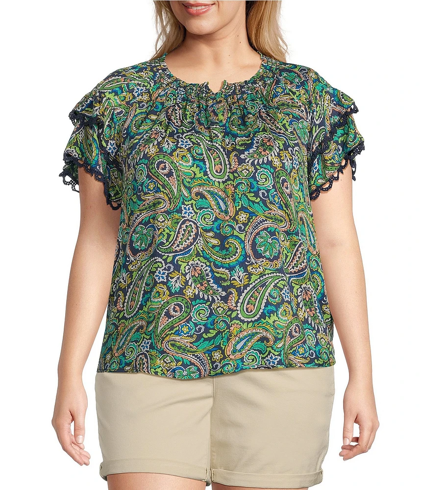 Democracy Plus Size Paisley Print Smocked Split V-Neck Lace Trim Double Flounce Sleeve Top