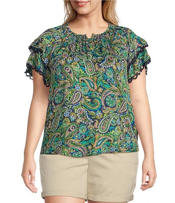 Democracy Plus Size Paisley Print Smocked Split V-Neck Lace Trim Double Flounce Sleeve Top