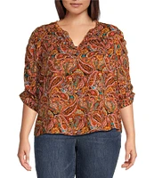 Democracy Plus Size Paisley Print Split Ruffle V-Neck 3/4 Ruched Sleeve Woven Top