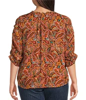 Democracy Plus Size Paisley Print Split Ruffle V-Neck 3/4 Ruched Sleeve Woven Top