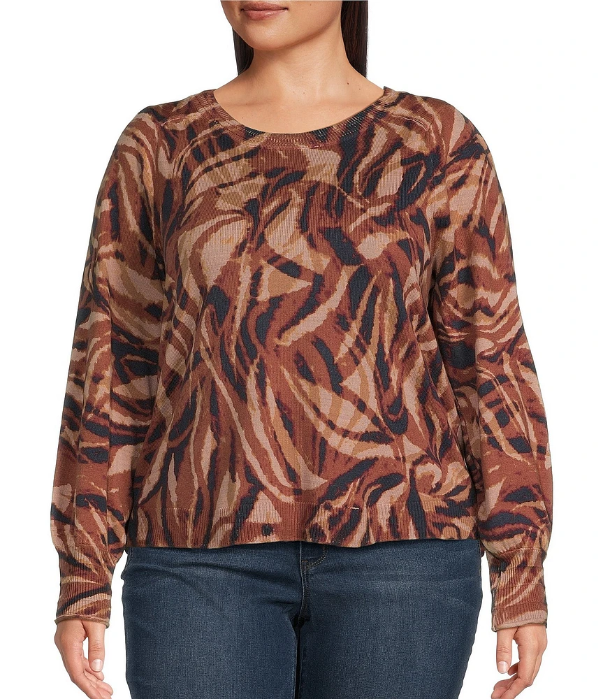 Democracy Plus Size Printed Crew Neck Long Puff Sleeve Sweater