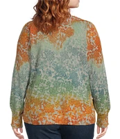 Democracy Plus Size Printed Crew Neck Long Puff Sleeve Sweater