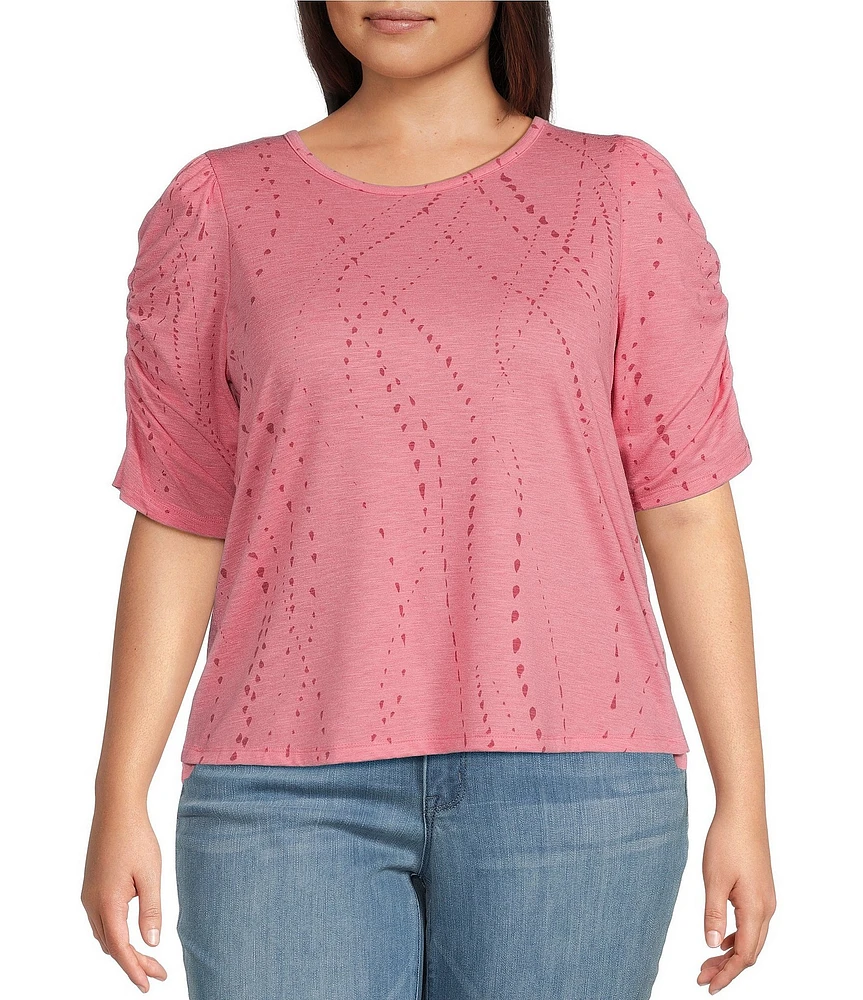 Democracy Plus Size Printed Crew Neck Ruched Elbow Sleeve Top
