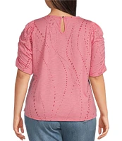 Democracy Plus Size Printed Crew Neck Ruched Elbow Sleeve Top