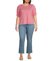 Democracy Plus Size Printed Crew Neck Ruched Elbow Sleeve Top