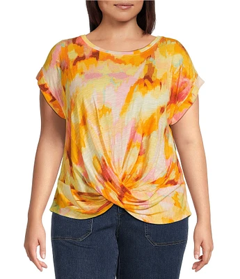 Democracy Plus Size Tie-Dye Print Scoop Neck Short Roll Cuff Sleeve Twist Front Hem Top