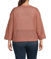 Democracy Plus Size Round Neck 3/4 Sleeve Openwork Sweater