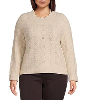 Democracy Plus Size Scalloped Edge Neck Long Sleeve Pointelle Sweater