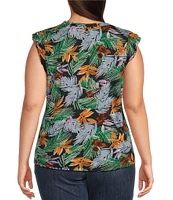 Democracy Plus Size Slub Jersey Knit Floral Crew Neck Double Ruffle Cap Sleeve Top