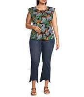 Democracy Plus Size Slub Jersey Knit Floral Crew Neck Double Ruffle Cap Sleeve Top