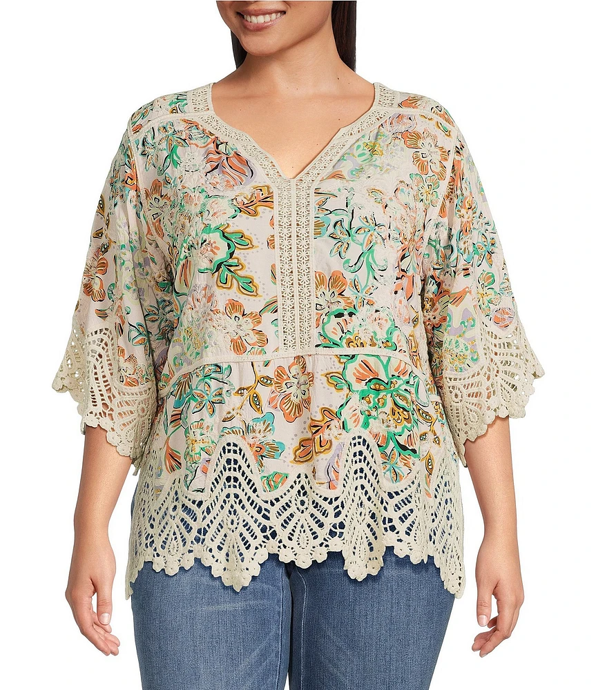 Democracy Plus Size Split V-Neck Crochet Scallop Trim 3/4 Sleeve Peplum Top