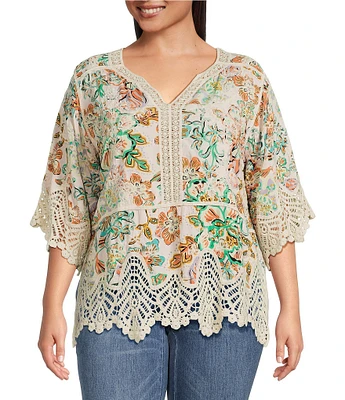 Democracy Plus Size Split V-Neck Crochet Scallop Trim 3/4 Sleeve Peplum Top