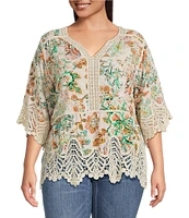 Democracy Plus Size Split V-Neck Crochet Scallop Trim 3/4 Sleeve Peplum Top