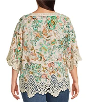 Democracy Plus Size Split V-Neck Crochet Scallop Trim 3/4 Sleeve Peplum Top