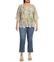 Democracy Plus Size Split V-Neck Crochet Scallop Trim 3/4 Sleeve Peplum Top