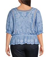 Democracy Plus Size Square Neck 3/4 Sleeve Crochet Trim Peplum Top