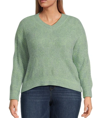 Democracy Plus Size V-Neck Long Sleeve Two Tone Eyelash Sweater