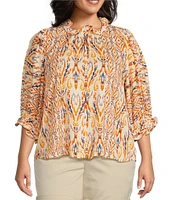 Democracy Plus Size Woven Abstract Print Ruffle Collar V-Neck Elbow Sleeve Top