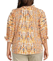 Democracy Plus Size Woven Abstract Print Ruffle Collar V-Neck Elbow Sleeve Top