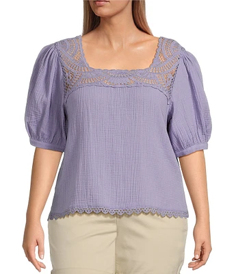 Democracy Plus Size Woven Crochet Square Neck Short Bubble Sleeve Scallop Hem Top