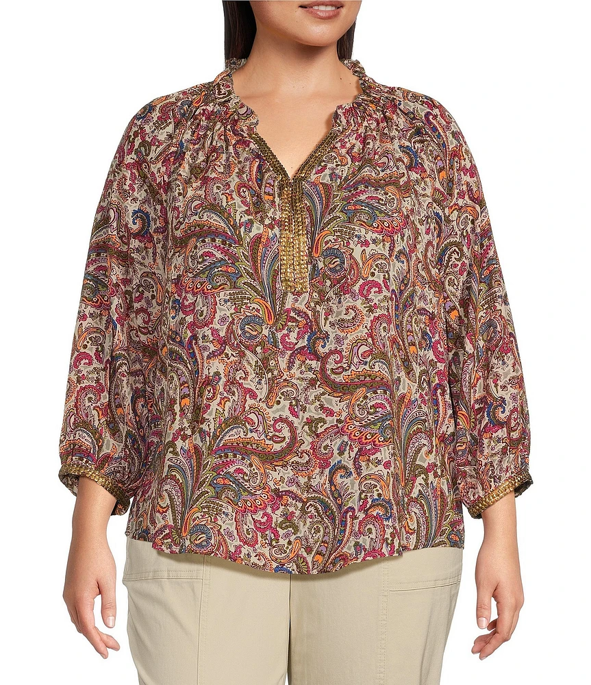 Democracy Plus Size Woven Floral Paisley Split V-Neck 3/4 Sleeve Top