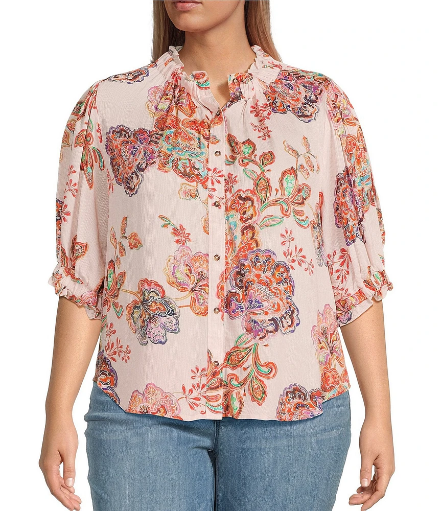Democracy Plus Size Woven Floral Paisley Split V-Neck Elbow Sleeve Button-Front Top