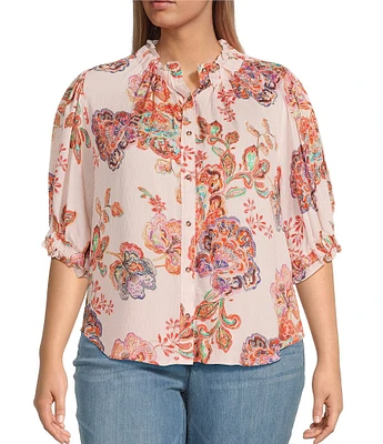 Democracy Plus Size Woven Floral Paisley Split V-Neck Elbow Sleeve Button-Front Top