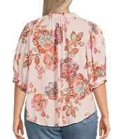 Democracy Plus Size Woven Floral Paisley Split V-Neck Elbow Sleeve Button-Front Top