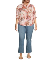 Democracy Plus Size Woven Floral Paisley Split V-Neck Elbow Sleeve Button-Front Top
